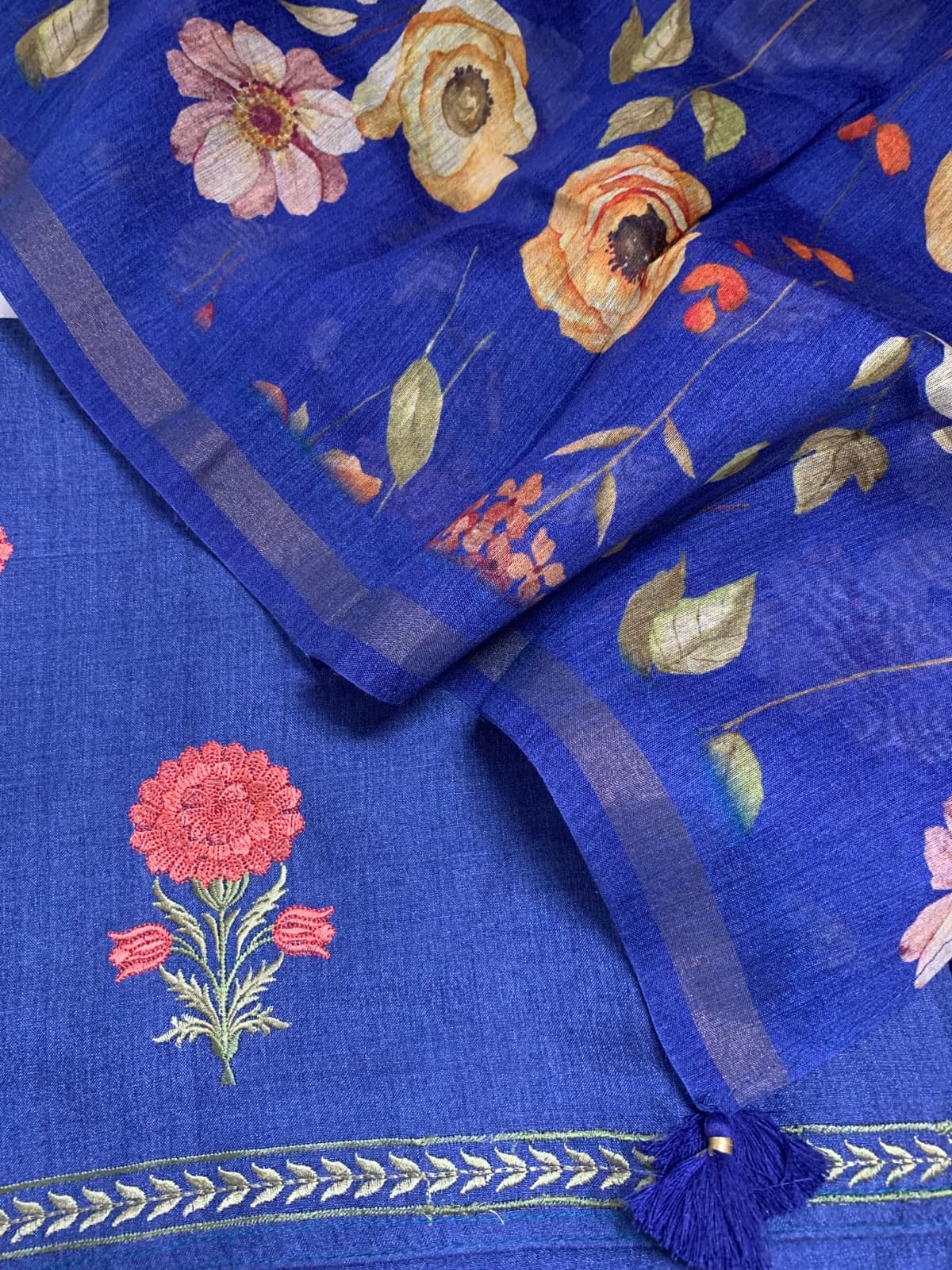 Moonga Silk Printed Embroidery Suit Set — Royal Blue